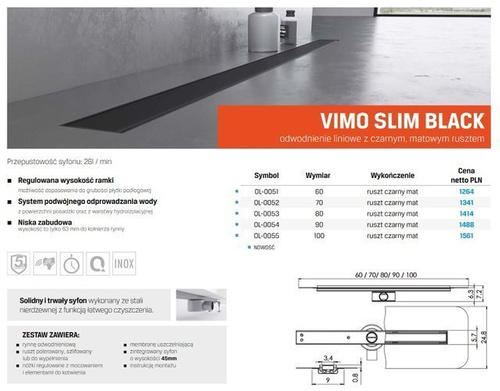 Odpływ liniowy Vimo Slim Black 80 cm, czarny mat 