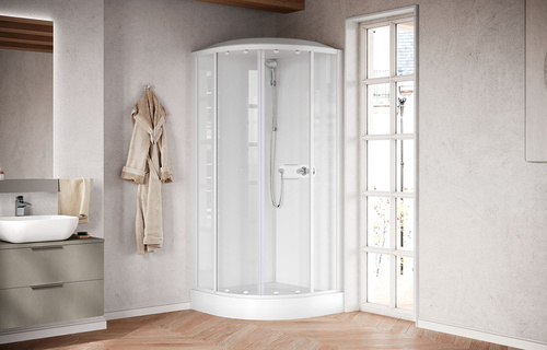 Półokrągła kabina 4-ścienna z dachem i deszczownicą Novellini Media Glass R, 90x90 cm, drzwi przesuwne, profil biały połysk