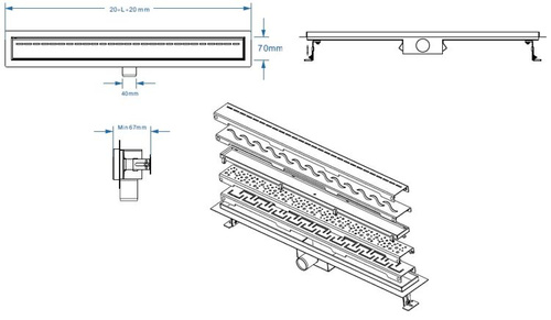 Odpływ liniowy podłogowy, czarne szkło 90 cm