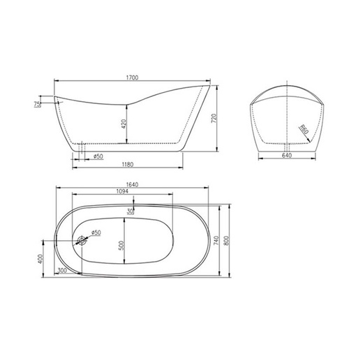 Asymetryczna wanna wolnostojąca AQ-1049, 170X80X72CM, BIAŁO-CZARNA