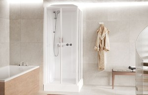 Prostokątna kabina 4-ścienna Novellini Media Glass A 100x70 cm, drzwi przesuwne, wejście z narożnika, profil biały połysk