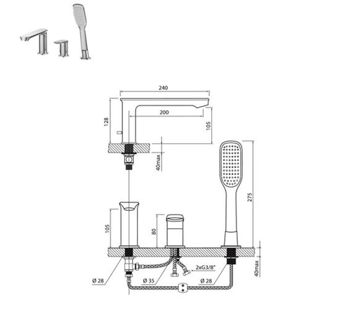 Bateria wannowa 3-otworowa Vedo Otto, chrom
